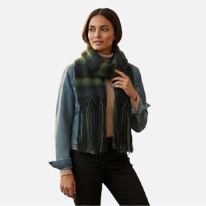 Hand Knit Crocheted XL Fringe Scarf Shades Of Blue & Green Boho Chic!